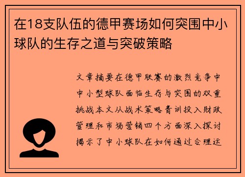 在18支队伍的德甲赛场如何突围中小球队的生存之道与突破策略